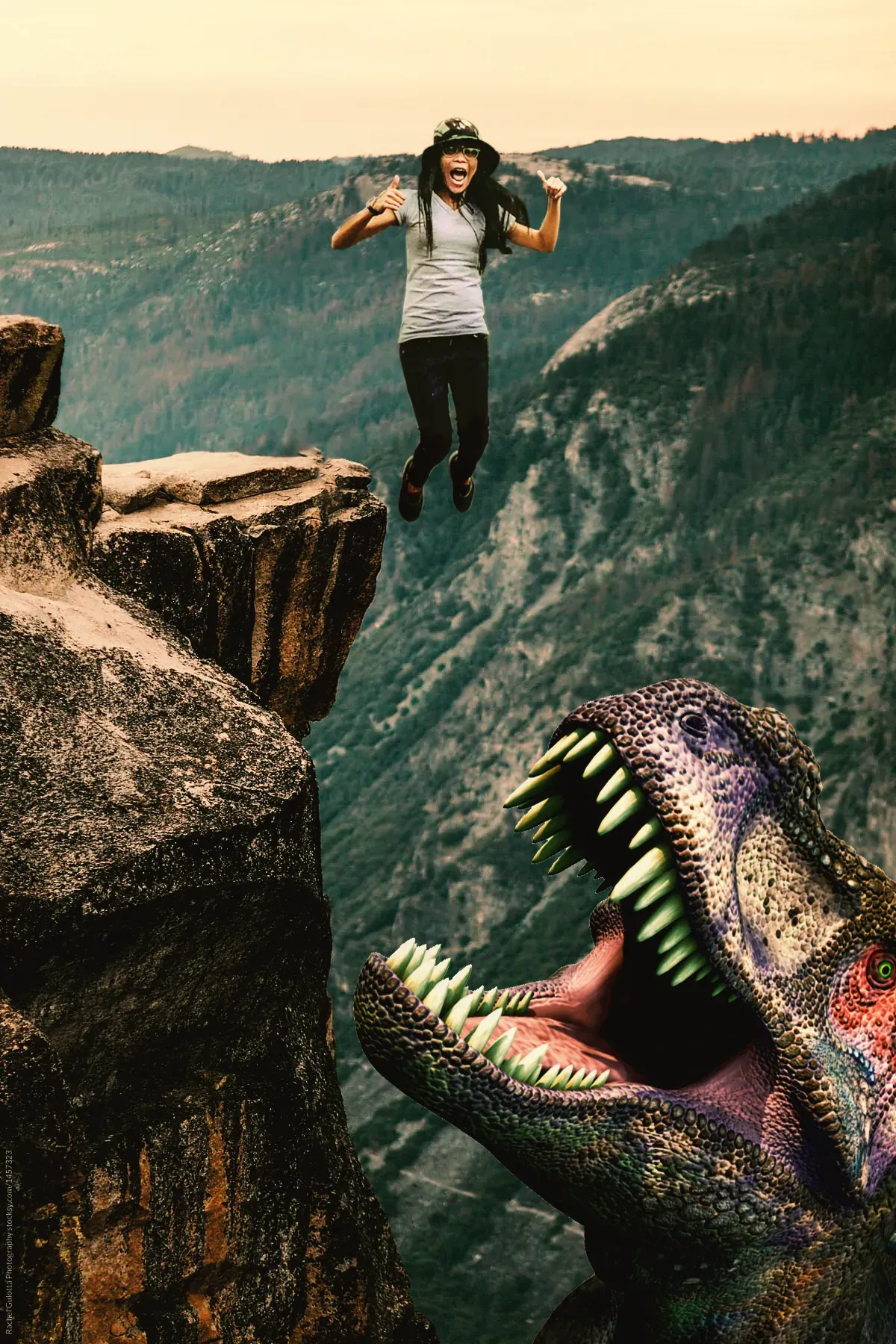 Composite of a woman in a bucket hat leaping from a cliff edge over a forested valley while a giant roaring tyrannosaur rears up below her