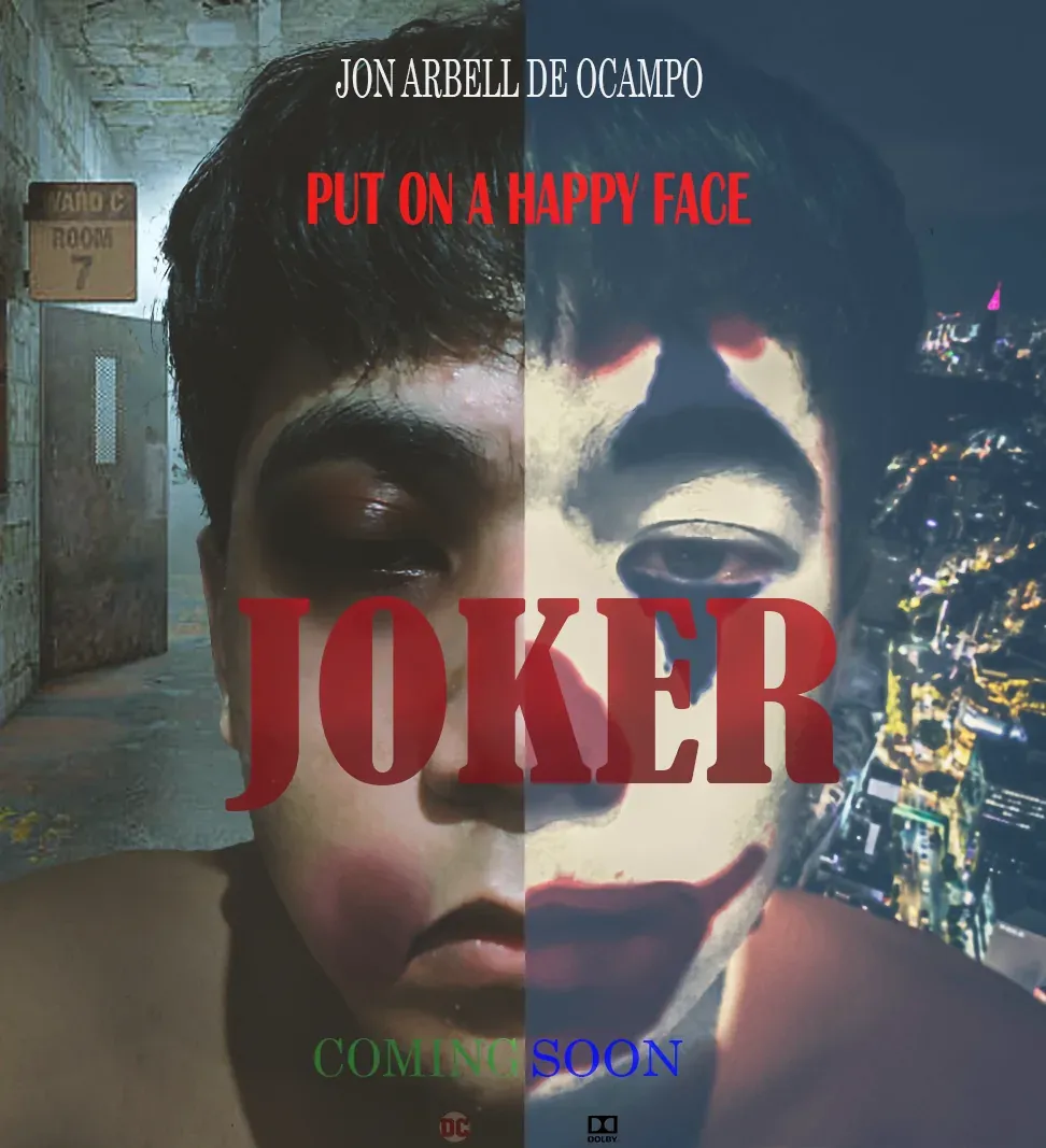 Mock film poster of a face split down the middle — one half plain against an asylum corridor, the other in white clown makeup over a night cityscape — under the title 'Joker'