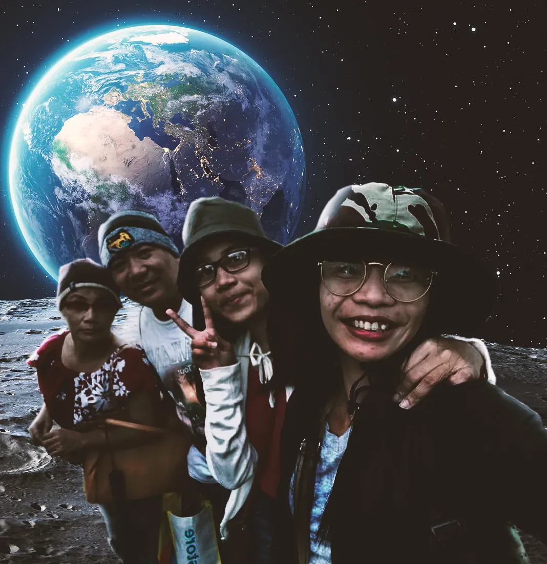Composite of four people in hats crowded into a group selfie on the surface of the moon, Earth rising behind them