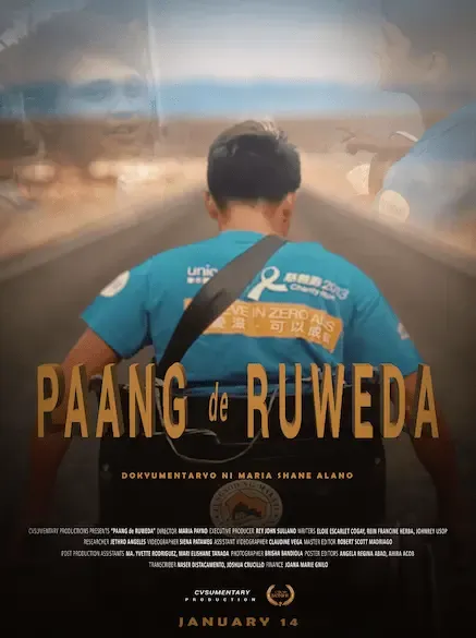 Poster artwork for the documentary 'Paang de Ruweda', a cyclist seen from behind riding down an open highway