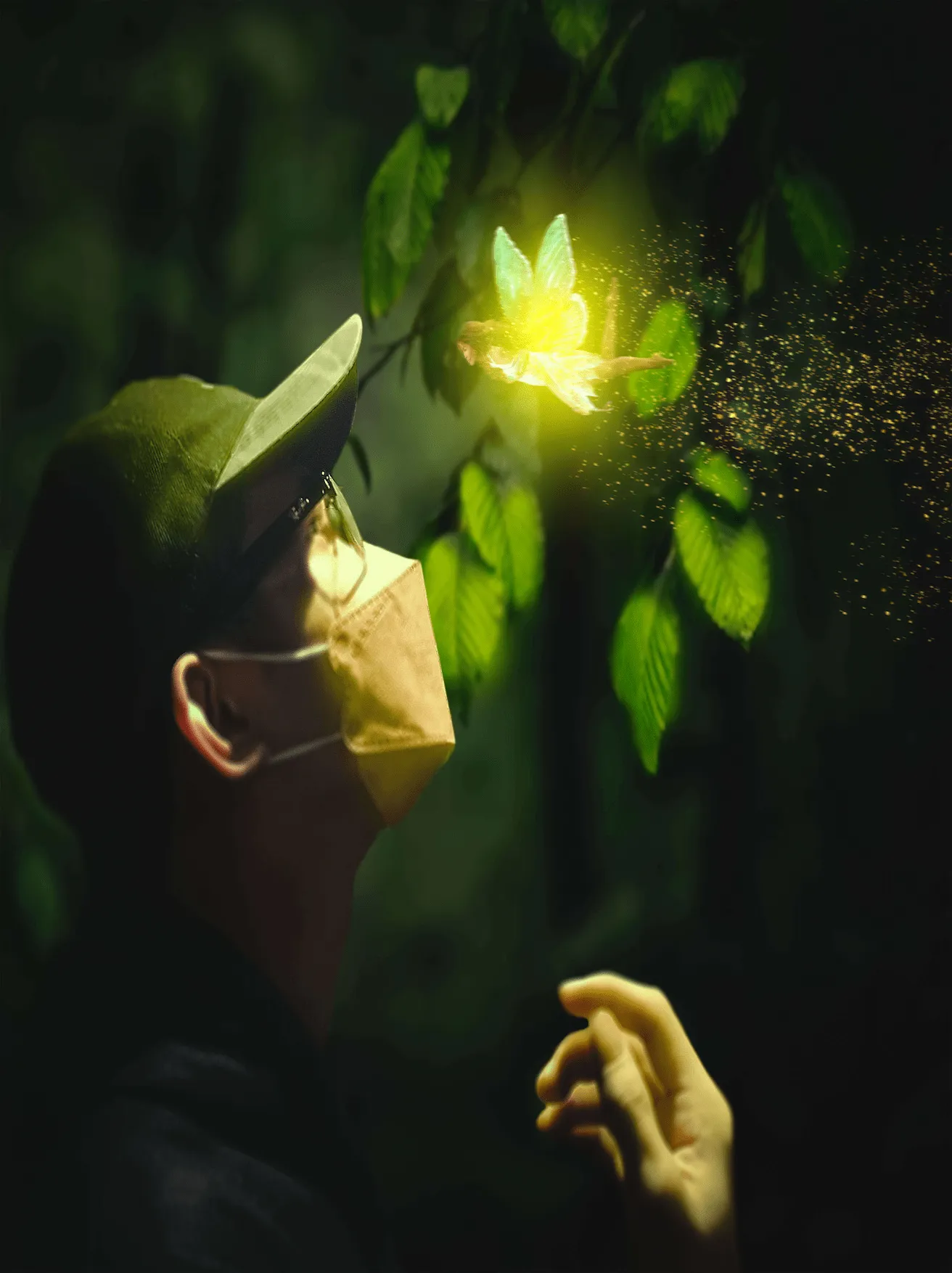 A figure in a cap and face mask reaching toward a glowing winged light among dark green leaves