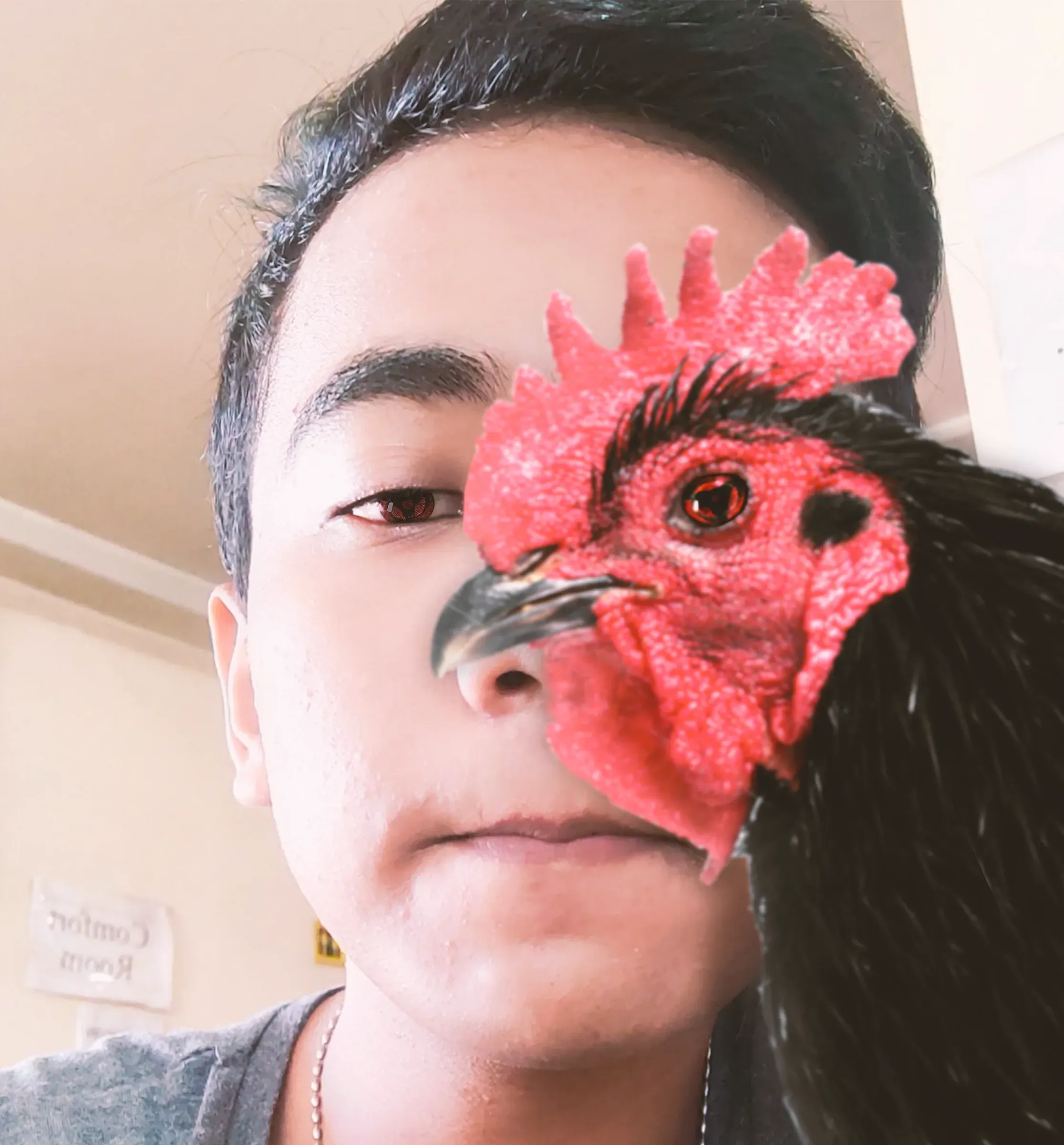 A selfie of a young man indoors with a black-and-red rooster's head blended over the right half of his face