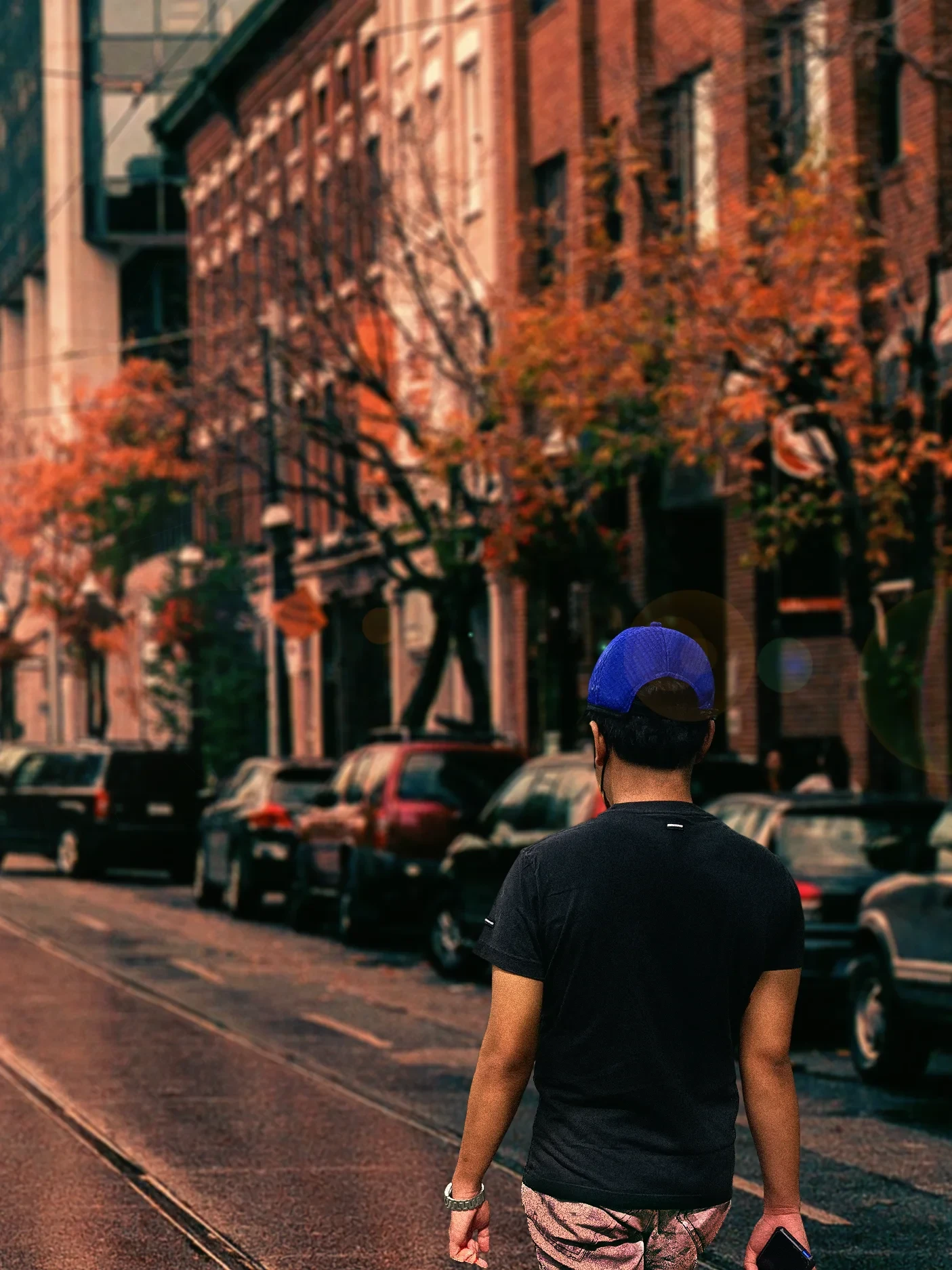 A figure in a blue cap walking away down a street of brick facades and orange autumn trees