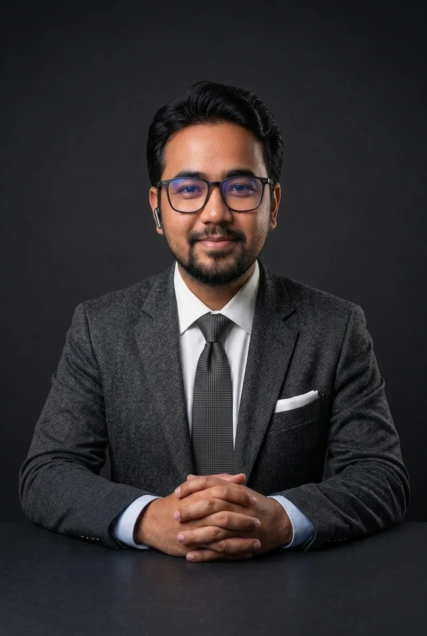 Jon Arbell De Ocampo in a charcoal suit, tie and glasses, seated at a dark table with his hands clasped in front of him.
