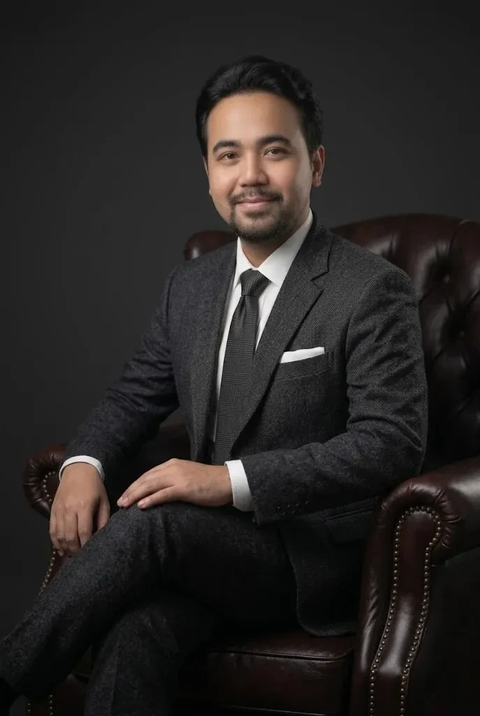 Jon Arbell De Ocampo in a charcoal suit and tie, seated in a buttoned leather armchair against a dark studio backdrop.