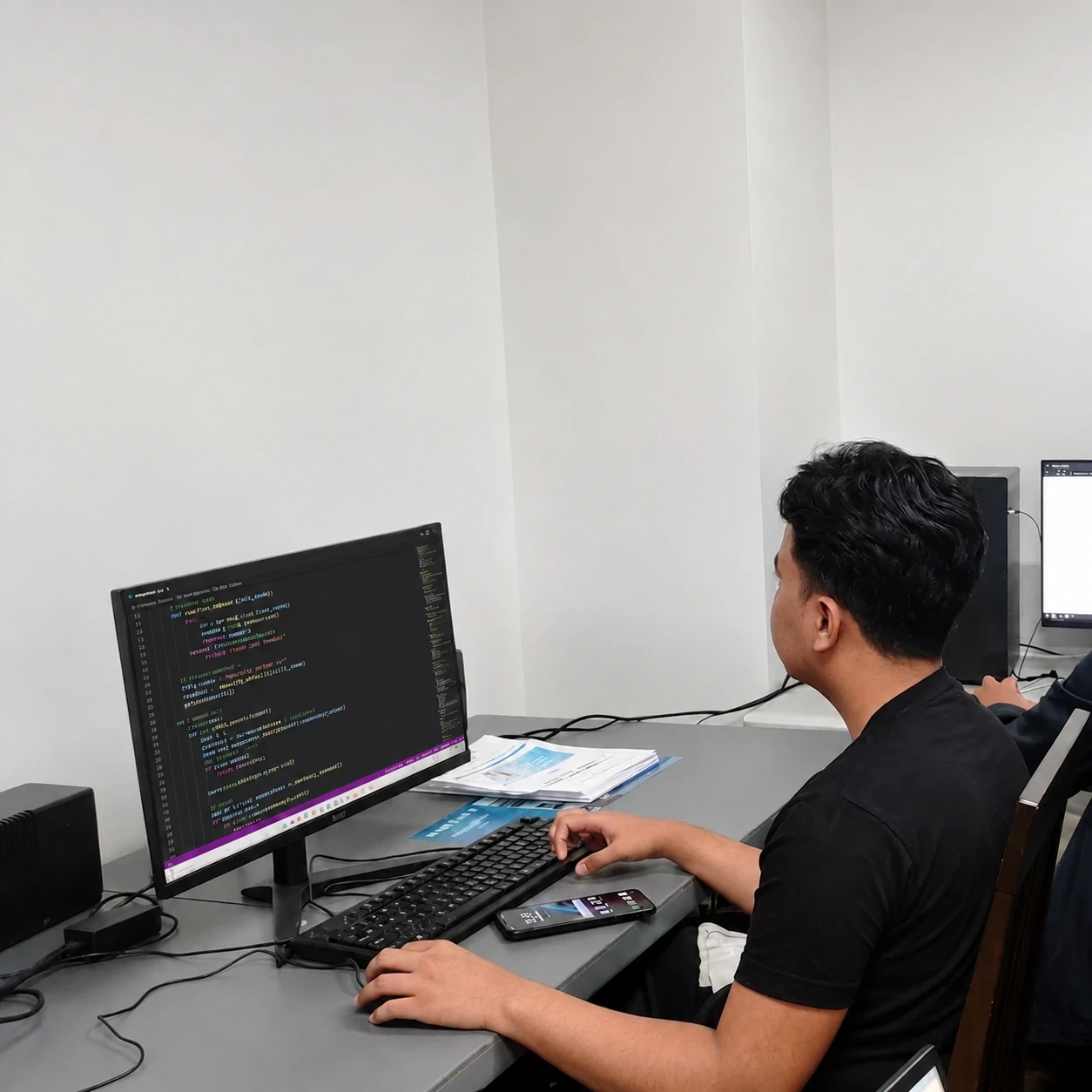 Jon Arbell De Ocampo at a workstation in a black tee, both hands on the keyboard, an editor full of code open on the monitor beside him.
